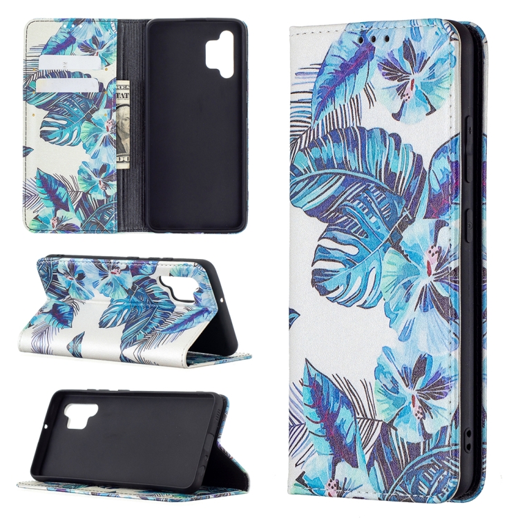 

For Samsung Galaxy A32 4G Colored Drawing Pattern Invisible Magnetic Horizontal Flip PU Leather Case with Holder & Card Slots & Wallet(Blue Leaves)