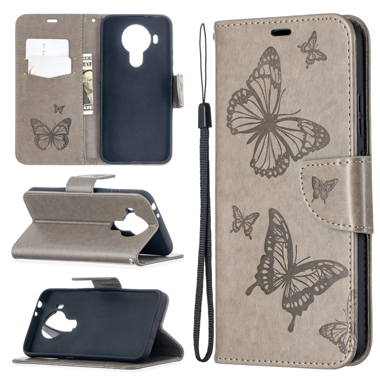 

For Nokia 5.4 Two Butterflies Embossing Pattern Horizontal Flip Leather Case with Holder & Card Slot & Wallet & Lanyard(Grey)