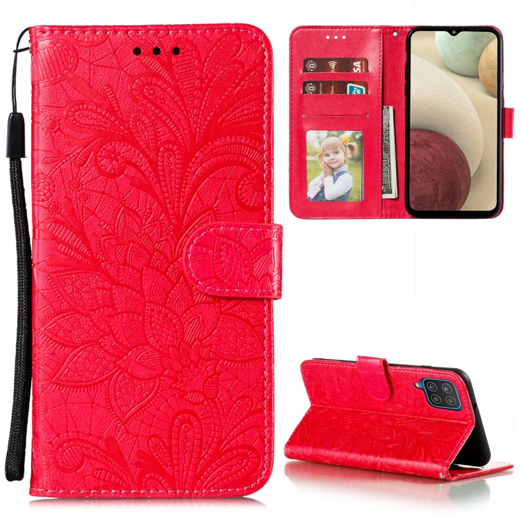 

For Samsung Galaxy F62 / M62 Lace Flower Embossing Pattern Horizontal Flip Leather Case with Holder & Card Slots & Wallet & Photo Frame(Red)