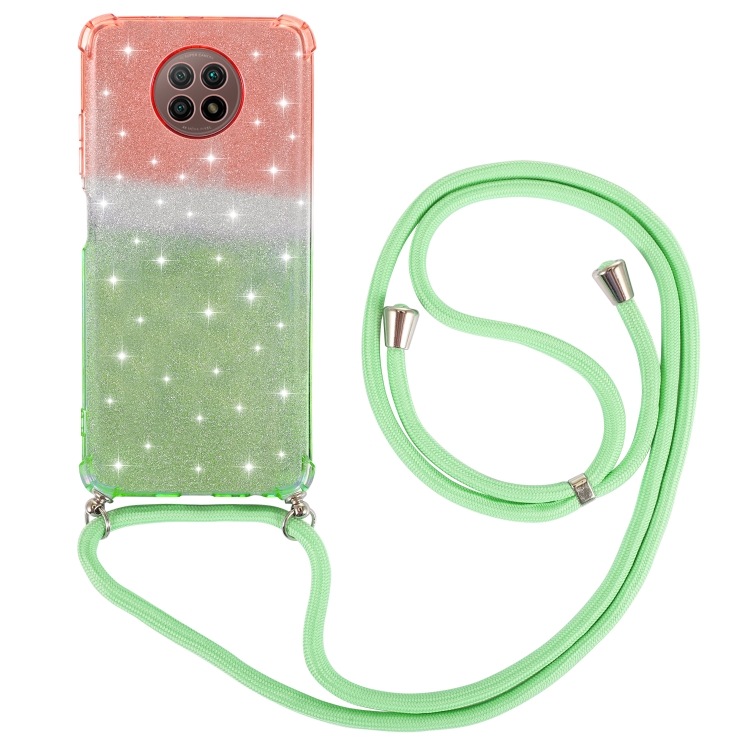 

For Xiaomi Redmi Note 9 5G Gradient Glitter Powder Shockproof TPU Protective Case with Lanyard(Orange Green)