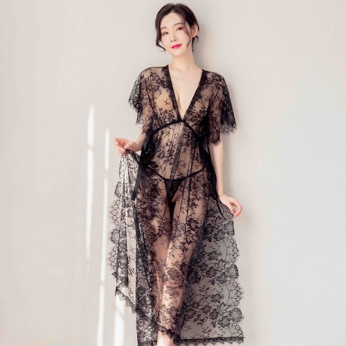 

Women Sexy Slit See-through Eyelashes Lace Lace Long Nightdress