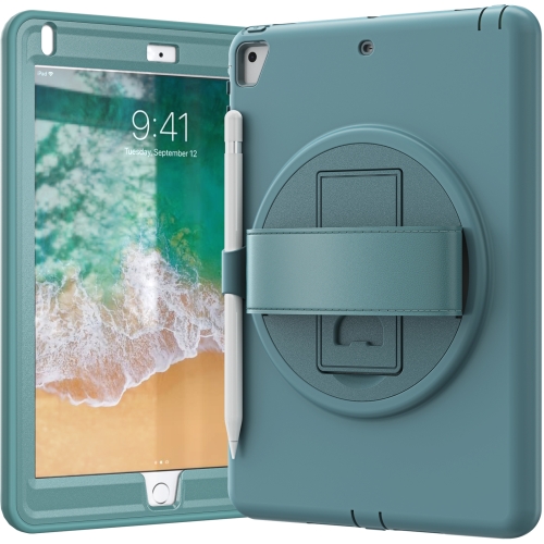 

360 Degree Rotation PC+TPU Protective Cover with Holder & Hand Strap & Pen Slot For Apple iPad Air(Emerald Blue)