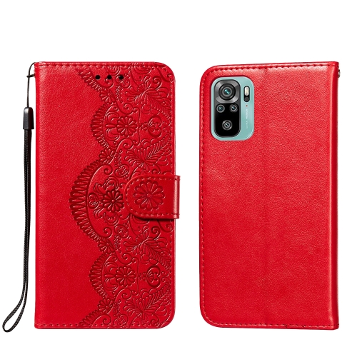 

For Xiaomi Redmi Note 10 4G Flower Vine Embossing Pattern Horizontal Flip Leather Case with Card Slot & Holder & Wallet & Lanyard(Red)