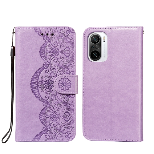 

For Xiaomi Redmi K40 Flower Vine Embossing Pattern Horizontal Flip Leather Case with Card Slot & Holder & Wallet & Lanyard(Purple)