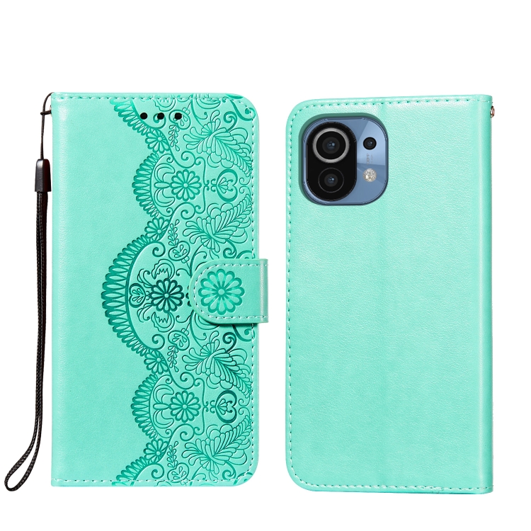 

For Xiaomi Mi 11 Flower Vine Embossing Pattern Horizontal Flip Leather Case with Card Slot & Holder & Wallet & Lanyard(Green)