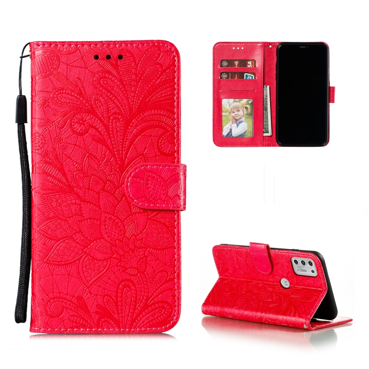 

For Motorola Moto G Stylus (2021) Lace Flower Embossing Pattern Horizontal Flip Leather Case with Holder & Card Slots & Wallet & Photo Frame(Red)