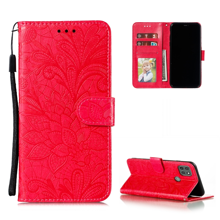 

For Motorola Moto G9 Power Lace Flower Embossing Pattern Horizontal Flip Leather Case with Holder & Card Slots & Wallet & Photo Frame(Red)
