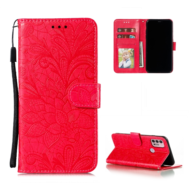 

For Motorola Moto G30 Lace Flower Embossing Pattern Horizontal Flip Leather Case with Holder & Card Slots & Wallet & Photo Frame(Red)