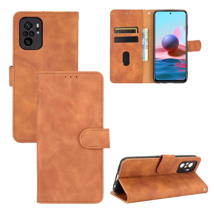 

For Xiaomi Redmi Note 10 Solid Color Skin Feel Magnetic Buckle Horizontal Flip Calf Texture PU Leather Case with Holder & Card Slots & Wallet(Brown)