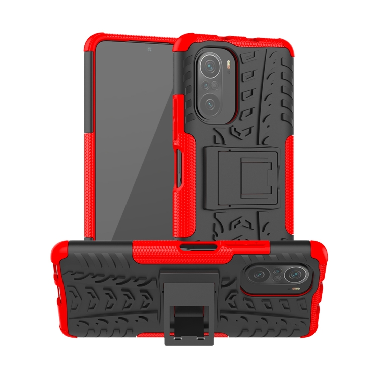 

For Xiaomi Redmi K40 Tire Texture Shockproof TPU+PC Protective Case with Holder(Red)