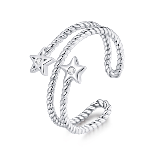 

S925 Sterling Silver Simple Double Stars Line Women Open Ring