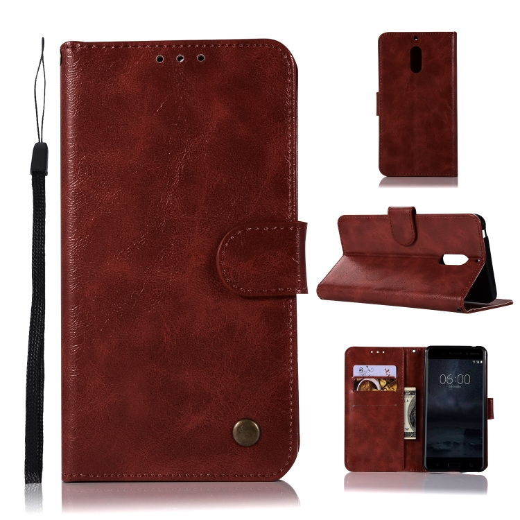

For Nokia 6 Retro Copper Buckle Crazy Horse Horizontal Flip PU Leather Case with Holder & Card Slots & Wallet & Lanyard(Wine red)