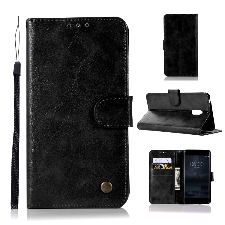 

For Nokia 6 Retro Copper Buckle Crazy Horse Horizontal Flip PU Leather Case with Holder & Card Slots & Wallet & Lanyard(Black)