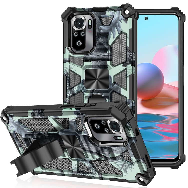 

For Xiaomi Redmi Note 10 Camouflage Armor Shockproof TPU + PC Magnetic Protective Case with Holder(Mint Green)