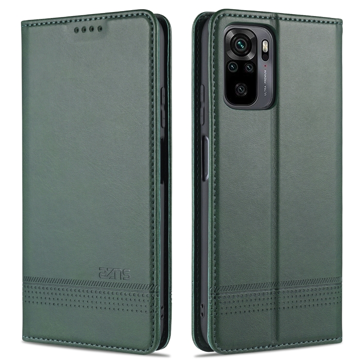 

For Xiaomi Redmi Note 10S AZNS Magnetic Calf Texture Horizontal Flip Leather Case with Card Slots & Holder & Wallet(Dark Green)