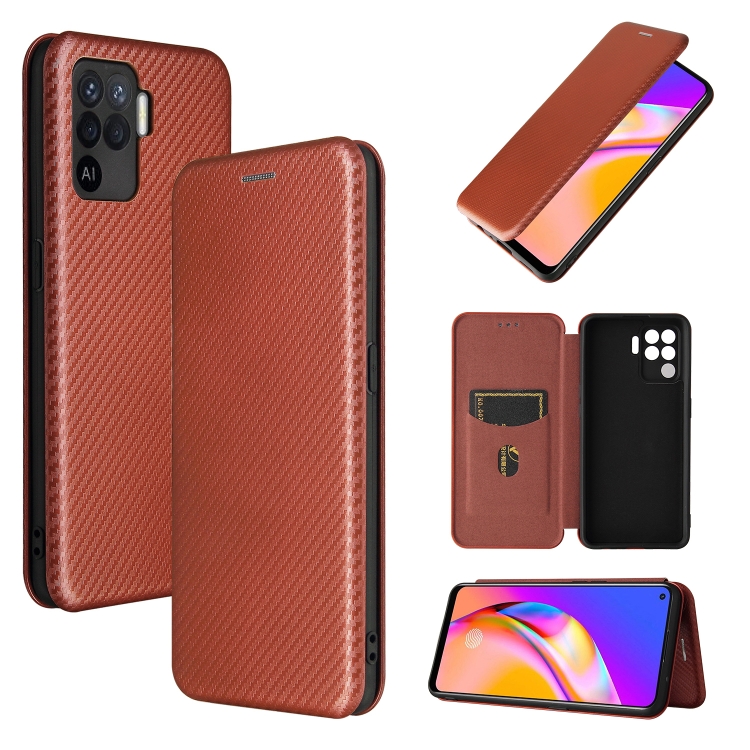 

For OPPO A94 4G / F19 Pro / Reno5 F Carbon Fiber Texture Magnetic Horizontal Flip TPU + PC + PU Leather Case with Card Slot(Brown)