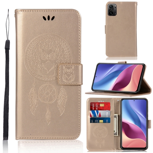 

For Xiaomi Redmi K40 Wind Chime Owl Embossing Pattern Horizontal Flip Leather Case with Holder & Card Slots & Wallet(Gold)