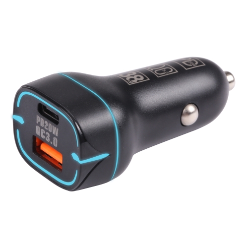 

QC USB + USB-C / Type-C Dual Ports Fast Charging Car Charger with Luminous Aperture(Black)