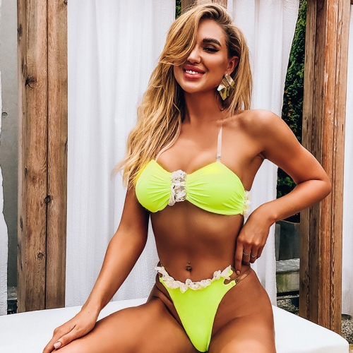 

Women Sexy Temptation Swimsuit Lace Suspender Bikini, Size:L(Fluorescent Yellow)