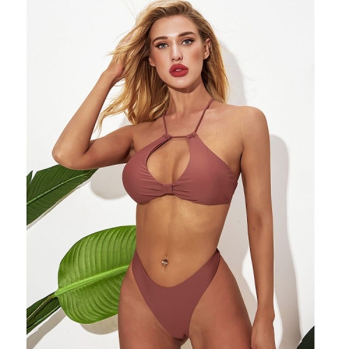 

Women Sexy Tight-fitting Hollow Halter Bikini, Size:S(Bean Paste)