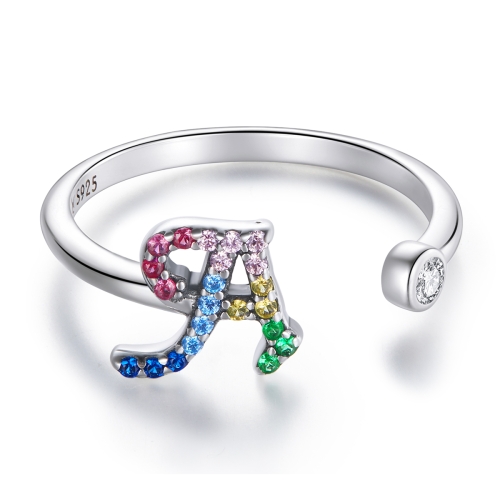 

S925 Sterling Silver 26 English Letters Colorful Zircon Women Open Ring, Style:A