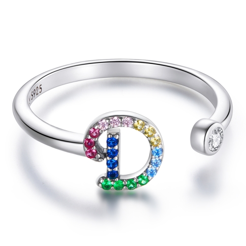 

S925 Sterling Silver 26 English Letters Colorful Zircon Women Open Ring, Style:D