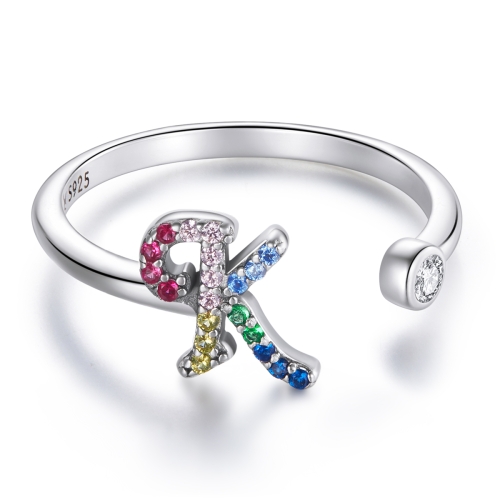 

S925 Sterling Silver 26 English Letters Colorful Zircon Women Open Ring, Style:K