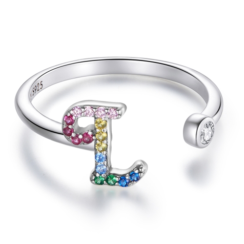 

S925 Sterling Silver 26 English Letters Colorful Zircon Women Open Ring, Style:L