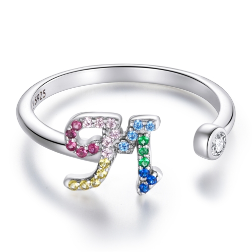 

S925 Sterling Silver 26 English Letters Colorful Zircon Women Open Ring, Style:M