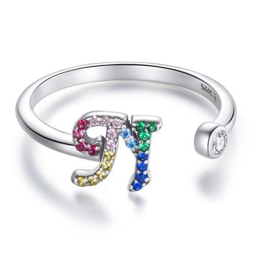 

S925 Sterling Silver 26 English Letters Colorful Zircon Women Open Ring, Style:N