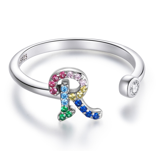 

S925 Sterling Silver 26 English Letters Colorful Zircon Women Open Ring, Style:R