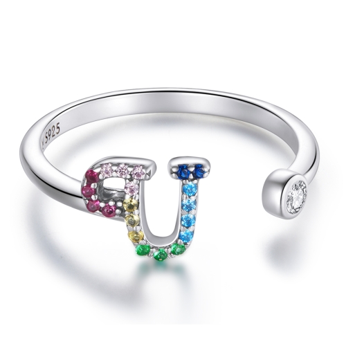 

S925 Sterling Silver 26 English Letters Colorful Zircon Women Open Ring, Style:U