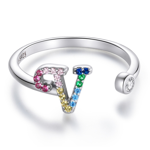 

S925 Sterling Silver 26 English Letters Colorful Zircon Women Open Ring, Style:V