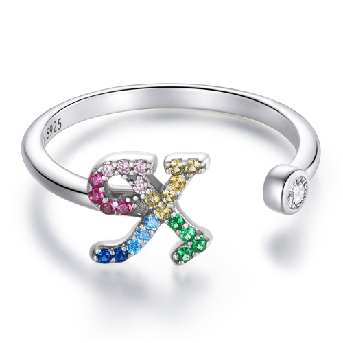 

S925 Sterling Silver 26 English Letters Colorful Zircon Women Open Ring, Style:X