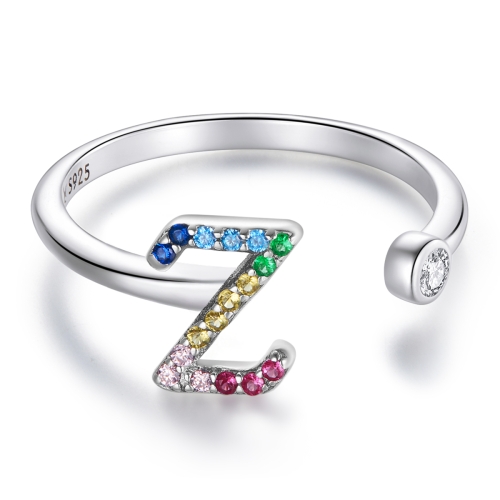 

S925 Sterling Silver 26 English Letters Colorful Zircon Women Open Ring, Style:Z