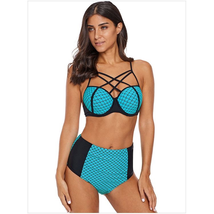 

Women Sexy Fish Scale Print High Waist Triangle Bikini, Size:S