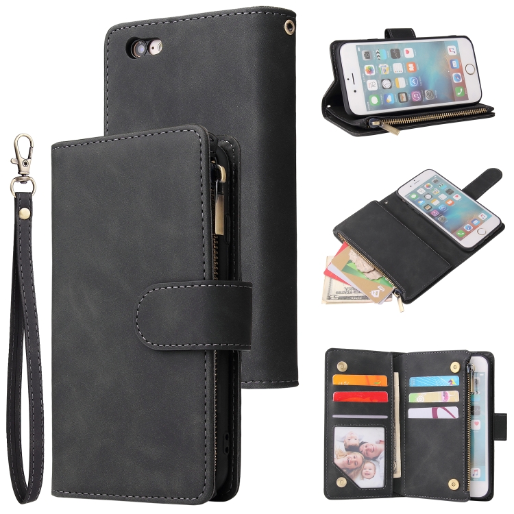 

For iPhone 6 & 6s Multifunctional Retro Frosted Horizontal Flip Leather Case with Card Slot & Holder & Zipper Wallet & Photo Frame & Lanyard(Black)