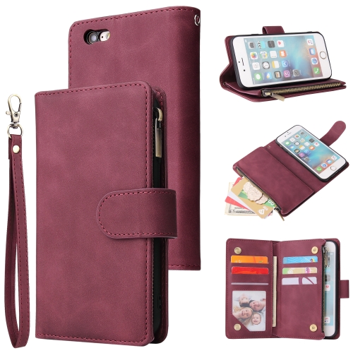 

For iPhone 6 Plus & 6s Plus Multifunctional Retro Frosted Horizontal Flip Leather Case with Card Slot & Holder & Zipper Wallet & Photo Frame & Lanyard(Red Wine)