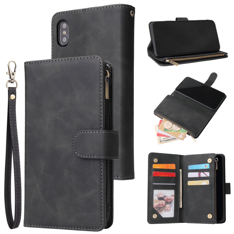 

For iPhone XS / X Multifunctional Retro Frosted Horizontal Flip Leather Case with Card Slot & Holder & Zipper Wallet & Photo Frame & Lanyard(Black)