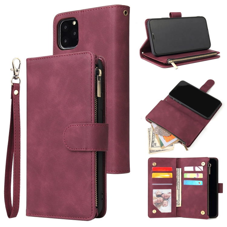 

For iPhone 11 Multifunctional Retro Frosted Horizontal Flip Leather Case with Card Slot & Holder & Zipper Wallet & Photo Frame & Lanyard(Red Wine)