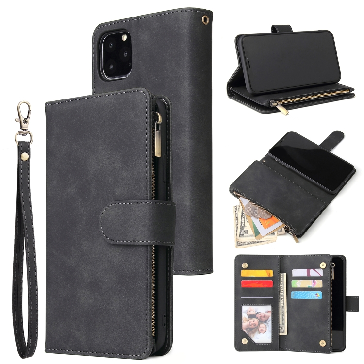 

For iPhone 11 Pro Max Multifunctional Retro Frosted Horizontal Flip Leather Case with Card Slot & Holder & Zipper Wallet & Photo Frame & Lanyard(Black)