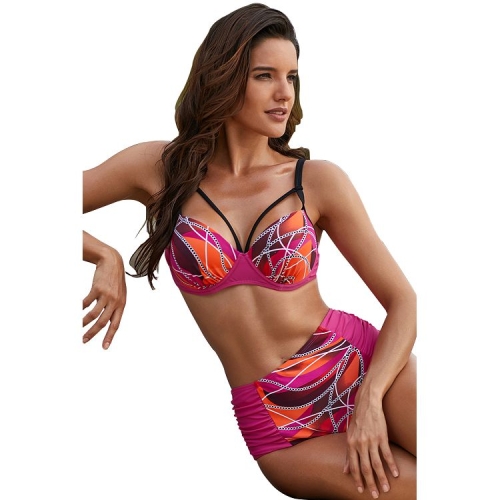 

Women Sexy Printed High Waist Swimsuit Two Suit, Size:XL(Rose Red)