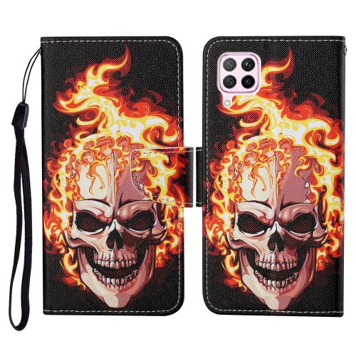 

For Huawei P40 lite Colored Drawing Pattern Horizontal Flip Leather Case with Holder & Card Slots & Wallet & Lanyard(Flame Skull)