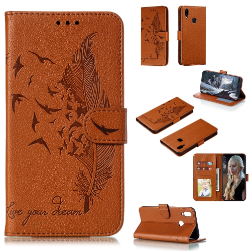 

For Galaxy A10s Feather Pattern Litchi Texture Horizontal Flip Leather Case with Holder & Wallet & Card Slots(Brown)