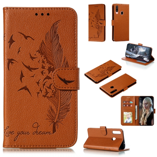 

For Galaxy A20s Feather Pattern Litchi Texture Horizontal Flip Leather Case with Holder & Wallet & Card Slots(Brown)