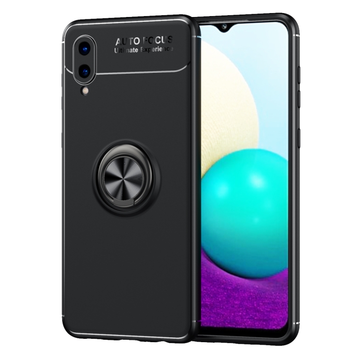 

For Samsung Galaxy A02 Metal Ring Holder 360 Degree Rotating TPU Case(Black+Black)