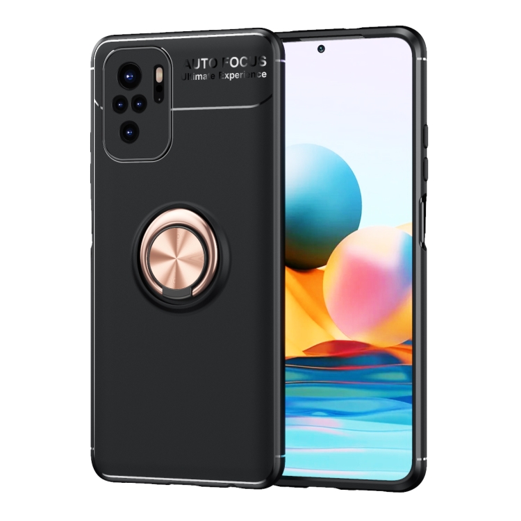 

For Xiaomi Redmi Note 10 Metal Ring Holder 360 Degree Rotating TPU Case(Black+Rose Gold)