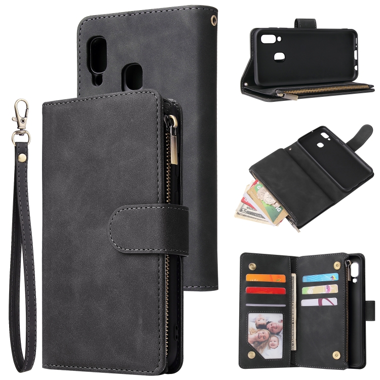 

For Galaxy A20e Multifunctional Retro Frosted Horizontal Flip Leather Case with Card Slot & Holder & Zipper Wallet & Photo Frame & Lanyard(Black)
