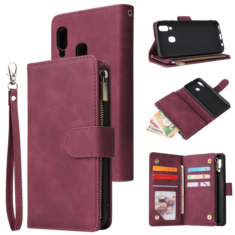 

For Galaxy A20e Multifunctional Retro Frosted Horizontal Flip Leather Case with Card Slot & Holder & Zipper Wallet & Photo Frame & Lanyard(Red Wine)