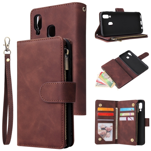 

For Galaxy A40 Multifunctional Retro Frosted Horizontal Flip Leather Case with Card Slot & Holder & Zipper Wallet & Photo Frame & Lanyard(Coffee)